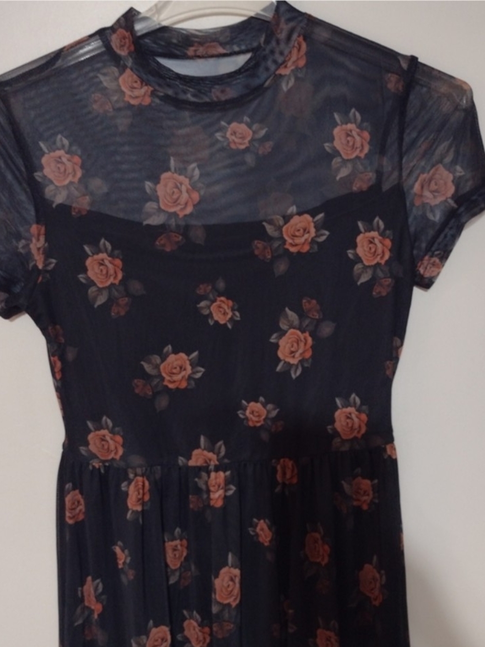 Goth Dark Women's Rose Mesh Print Short Sleeve Maxi Dress Romantic Date Night - Picture 3 of 7